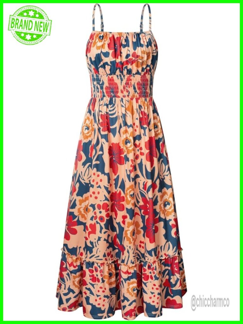 Smocked Floral Maxi Dress with Pockets, Boho Sundress, Adjustable Spaghetti